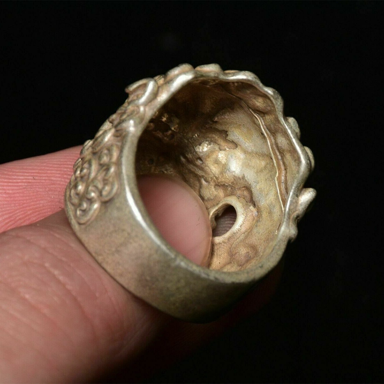 1.2" Rare Old Chinese Silver Dynasty Palace Animal Leo Lion Head Ring Rings Statues et Sculptures Gift