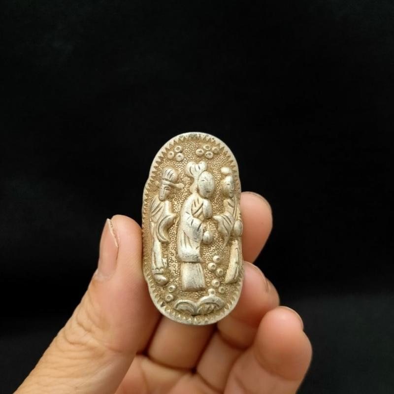 1.6" Old Chinese Tibetan Silver Beauty Girl Beauty Jewelry Ring