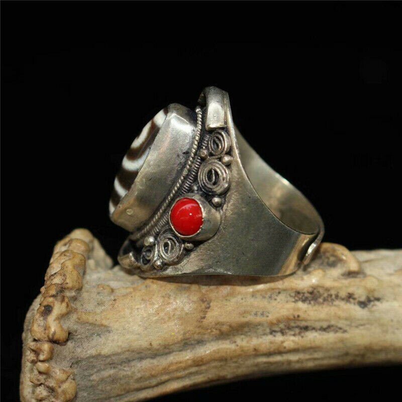 1.18" Collect China Exquisite Pure Silver Inlay Red Coral Beads Tianzhu Dzi Ring