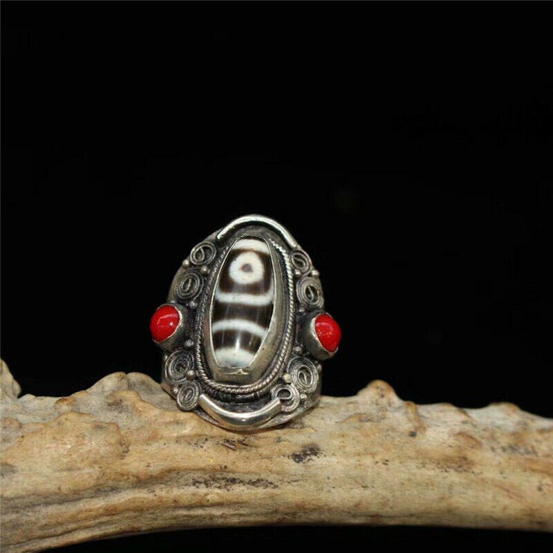 1.18" Collect China Exquisite Pure Silver Inlay Red Coral Beads Tianzhu Dzi Ring