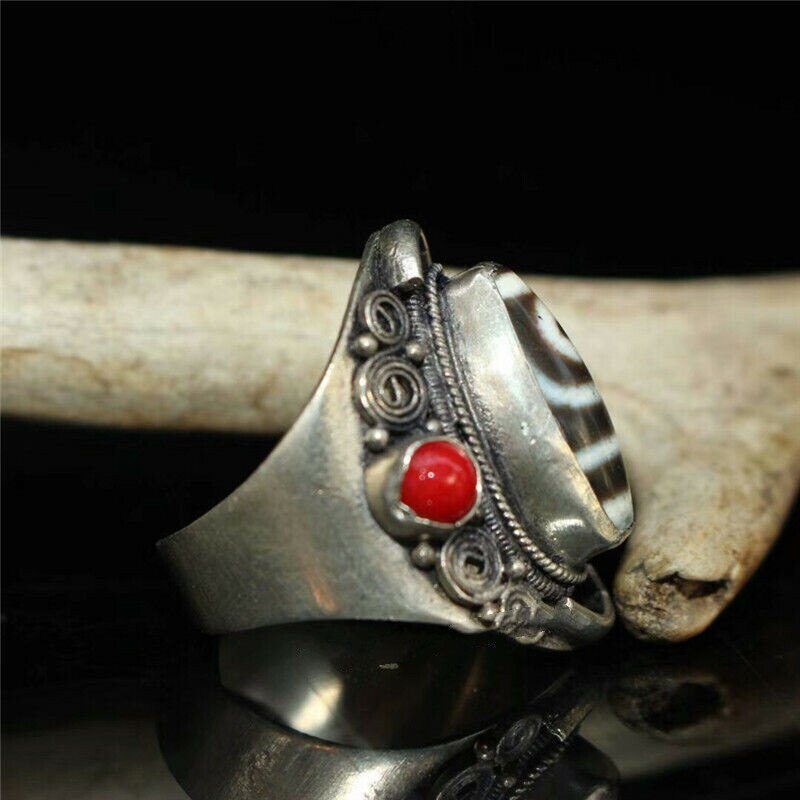 1.18" Collect China Exquisite Pure Silver Inlay Red Coral Beads Tianzhu Dzi Ring