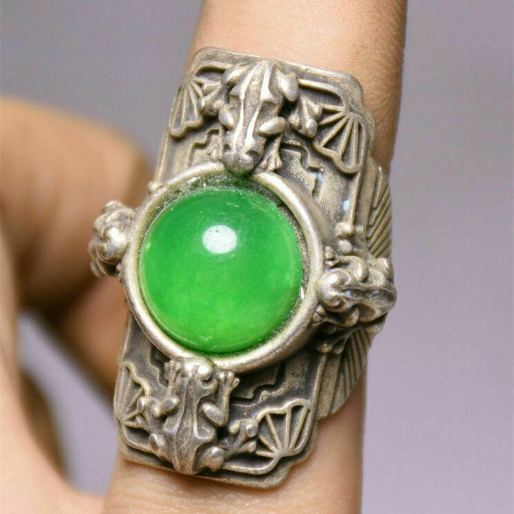 3Cm Marked Rare Old China Silver Inlay Green Jade Dynasty Palace Carved Frog Hand Ring