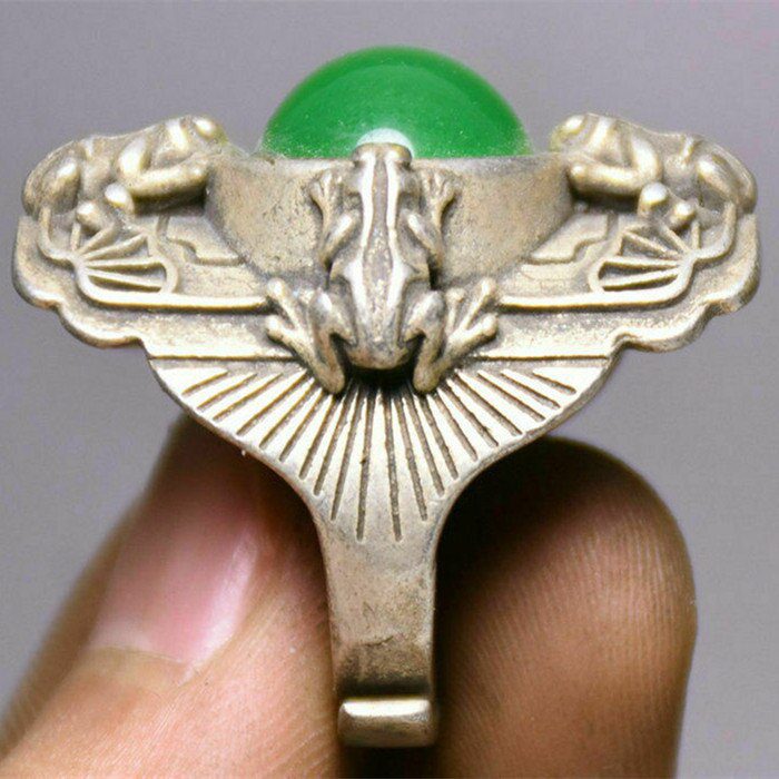 3Cm Marked Rare Old China Silver Inlay Green Jade Dynasty Palace Carved Frog Hand Ring