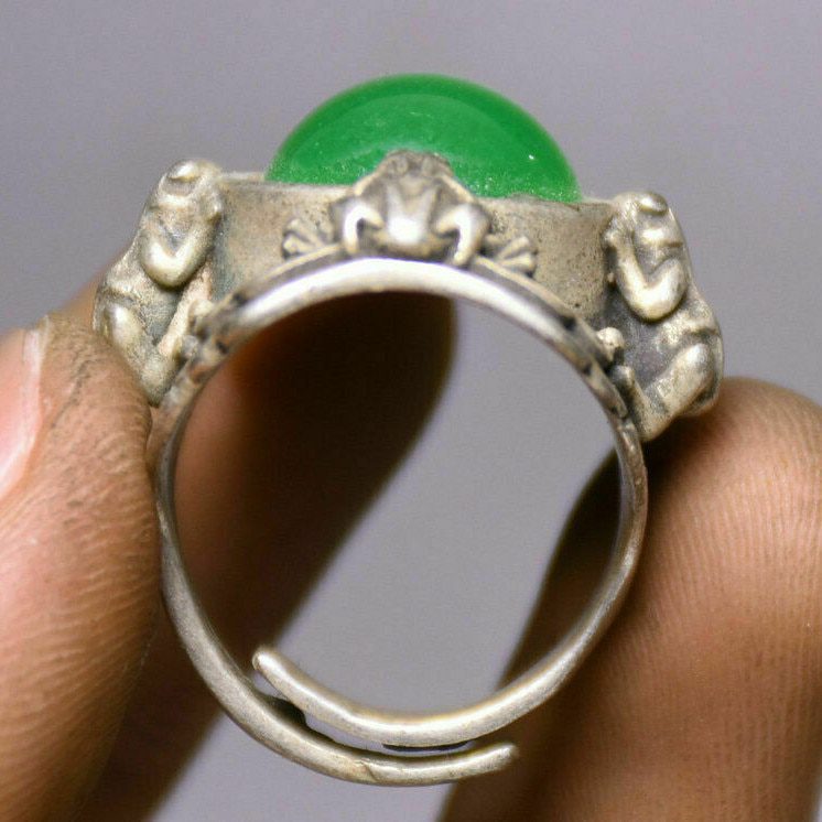 3Cm Marked Rare Old China Silver Inlay Green Jade Dynasty Palace Carved Frog Hand Ring