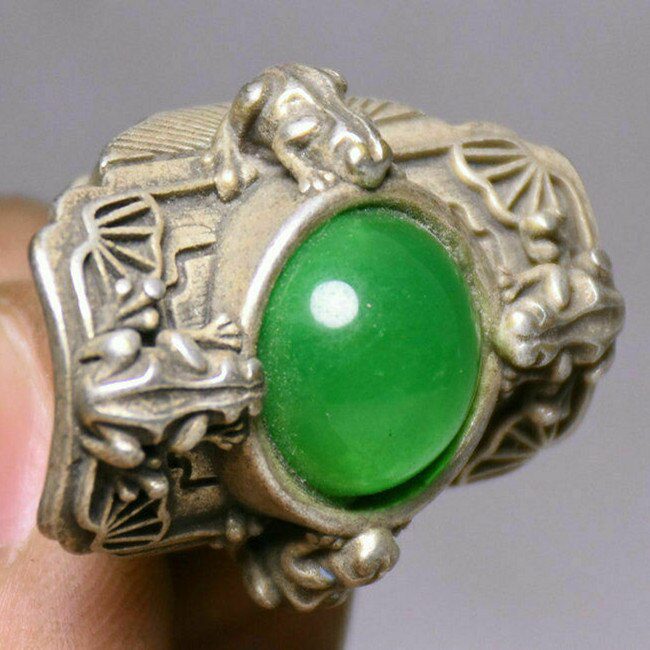 3Cm Marked Rare Old China Silver Inlay Green Jade Dynasty Palace Carved Frog Hand Ring