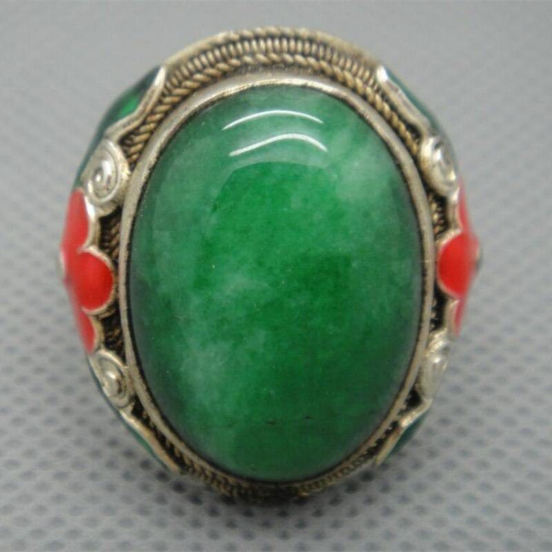 Collectible Chinese Inlay Green Jade Old Tibet Silver Cloisonne Flower Ring