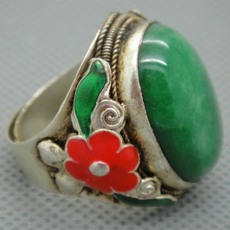 Collectible Chinese Inlay Green Jade Old Tibet Silver Cloisonne Flower Ring