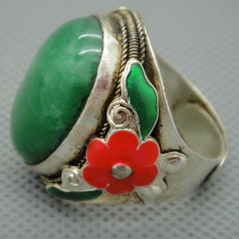 Collectible Chinese Inlay Green Jade Old Tibet Silver Cloisonne Flower Ring