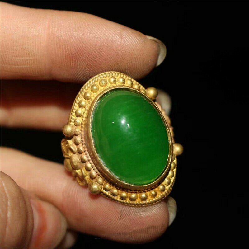 1.18" Collection Chinese Copper Gilt Inlay Green Jade Jadite Ring