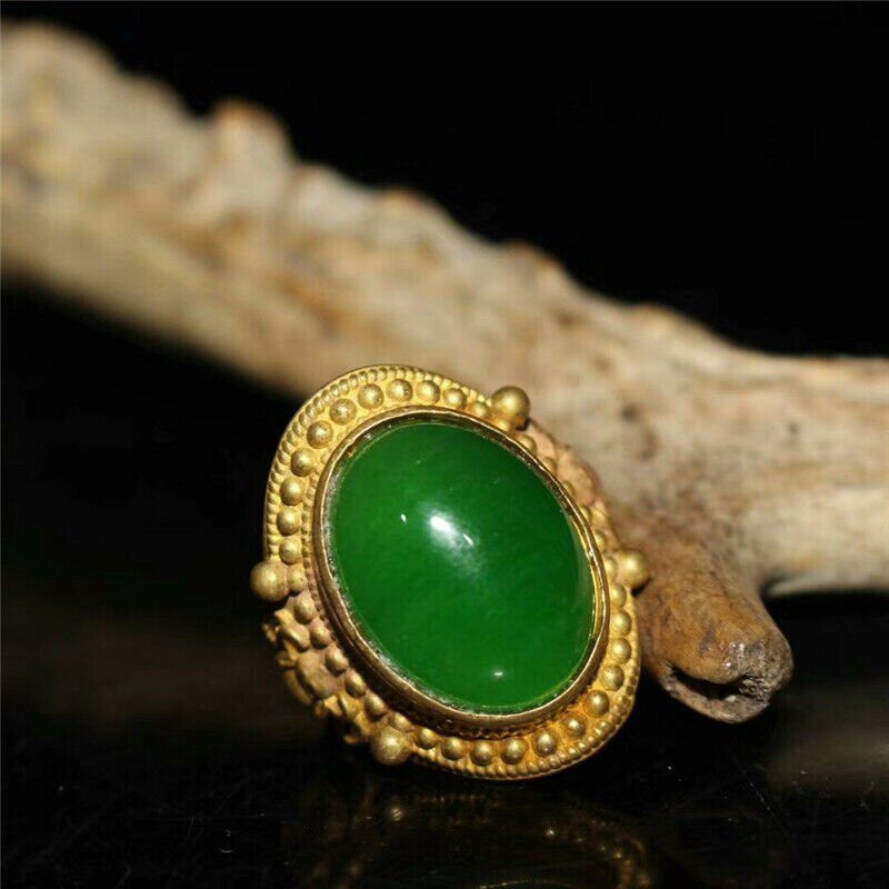 1.18" Collection Chinese Copper Gilt Inlay Green Jade Jadite Ring