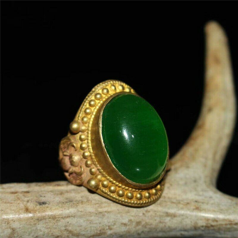 1.18" Collection Chinese Copper Gilt Inlay Green Jade Jadite Ring