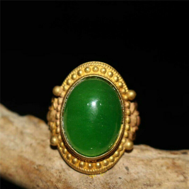 1.18" Collection Chinese Copper Gilt Inlay Green Jade Jadite Ring