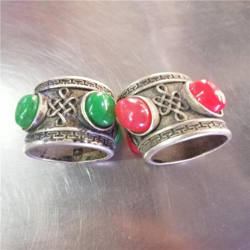 Collection Old Chinese Exquisite Tibetan Silver Carved Pattern Jade Finger Ring