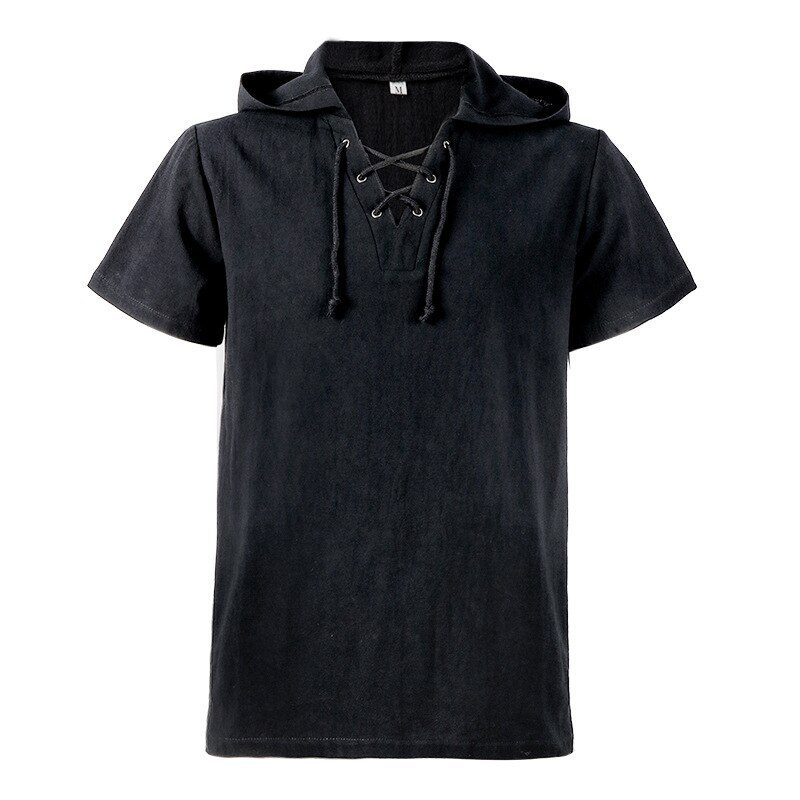 Pirate T-Shirts Men Medieval Costume Renaissance Steampunk Vintage Lace Up Knight Hooded Tops Halloween Party Cosplay Costume