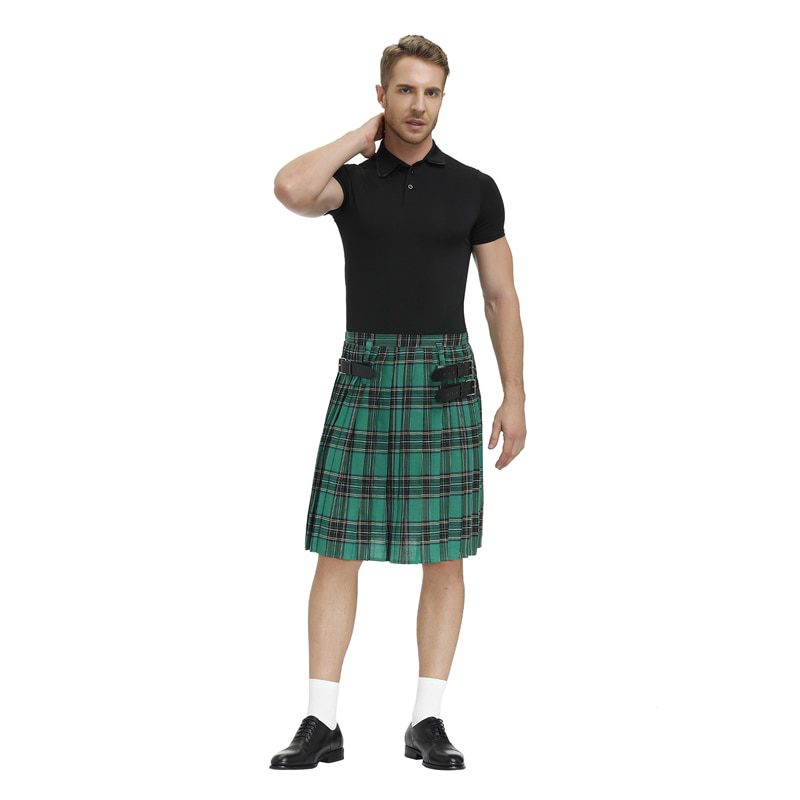 Mens Scottish Traditional Highland Tartan Kilt Warrior Costume Vintage Plaid Pleated Skirt Halloween Party Carnival Costume