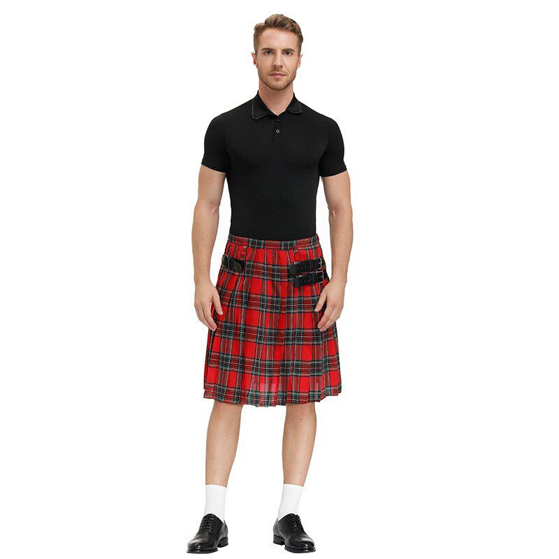 Mens Scottish Traditional Highland Tartan Kilt Warrior Costume Vintage Plaid Pleated Skirt Halloween Party Carnival Costume