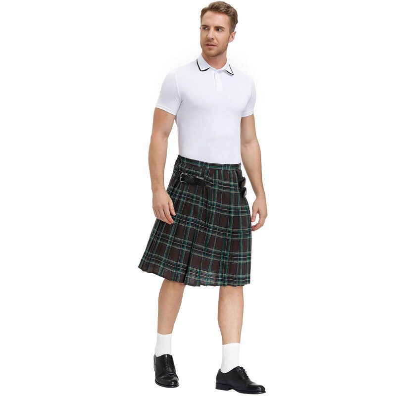 Mens Scottish Traditional Highland Tartan Kilt Warrior Costume Vintage Plaid Pleated Skirt Halloween Party Carnival Costume