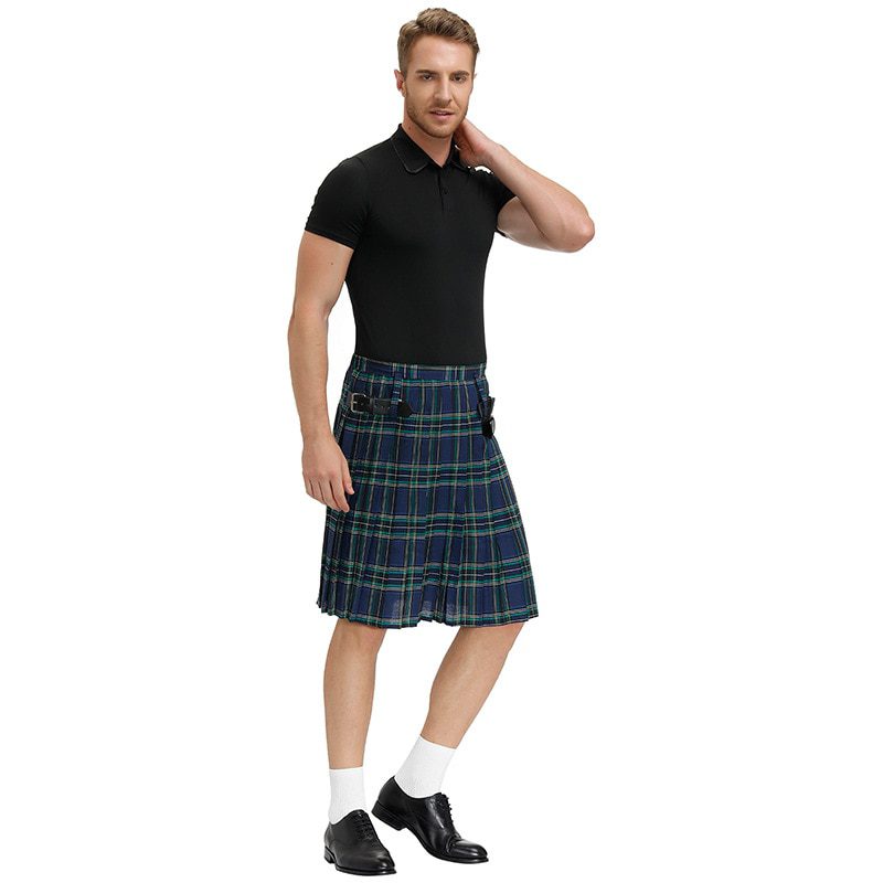 Mens Scottish Traditional Highland Tartan Kilt Warrior Costume Vintage Plaid Pleated Skirt Halloween Party Carnival Costume