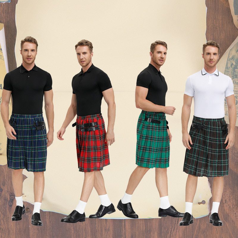 Mens Scottish Traditional Highland Tartan Kilt Warrior Costume Vintage Plaid Pleated Skirt Halloween Party Carnival Costume