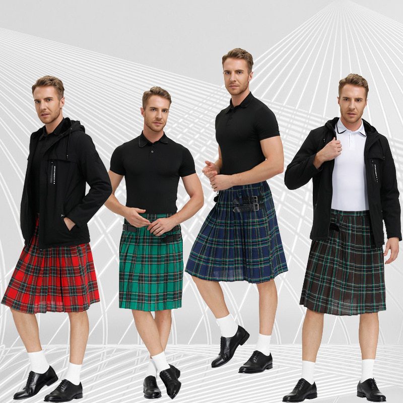 Mens Scottish Traditional Highland Tartan Kilt Warrior Costume Vintage Plaid Pleated Skirt Halloween Party Carnival Costume