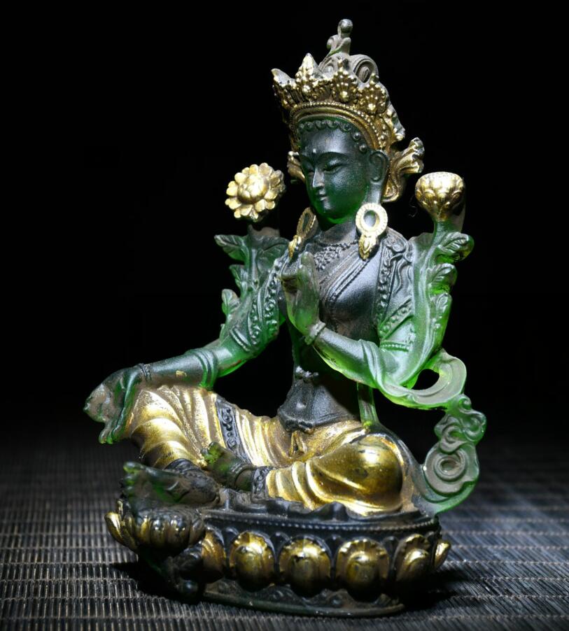 Archaize Coloured glaze Green tara Buddha crafts statue