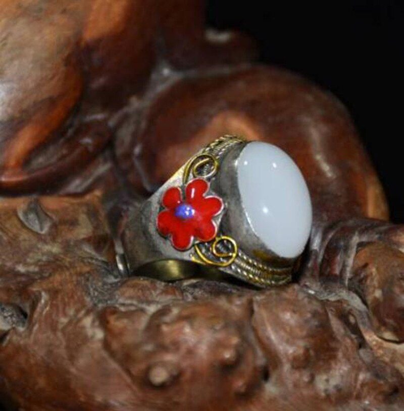 China copper mosaic white jade cloisonne ring