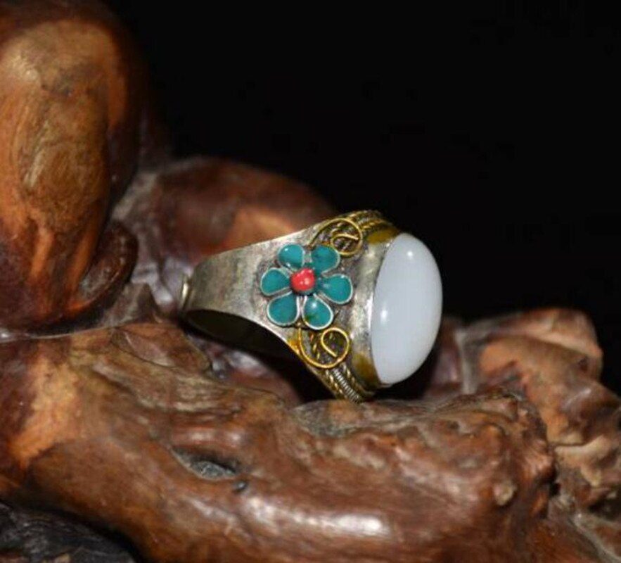 China copper mosaic white jade cloisonne ring