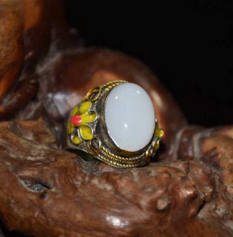 China copper mosaic white jade cloisonne ring