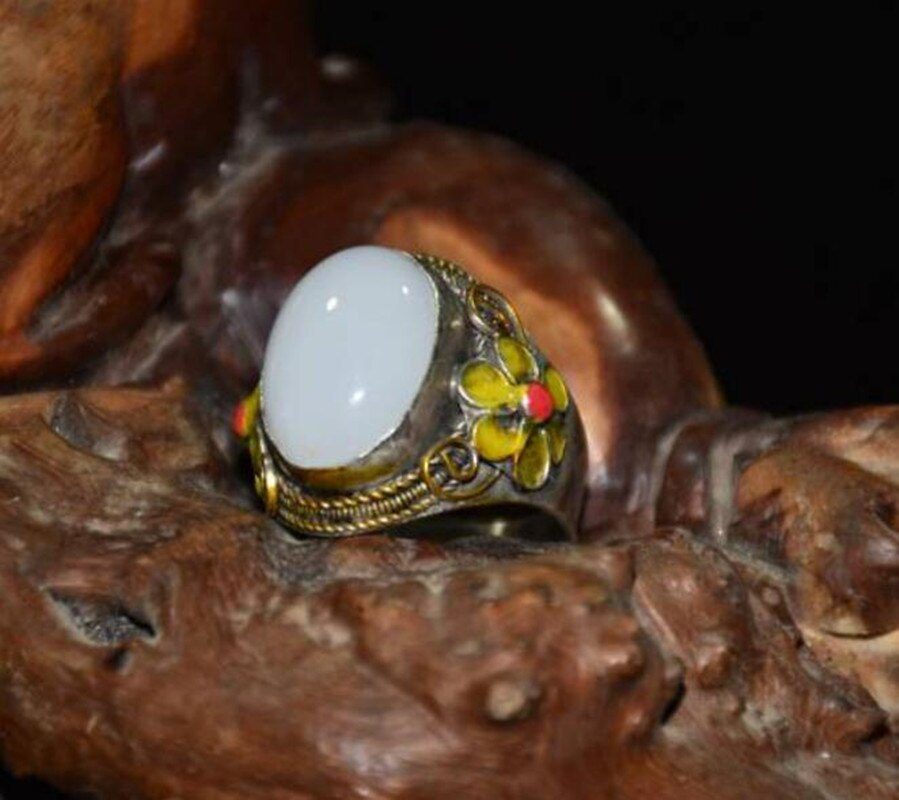 China copper mosaic white jade cloisonne ring