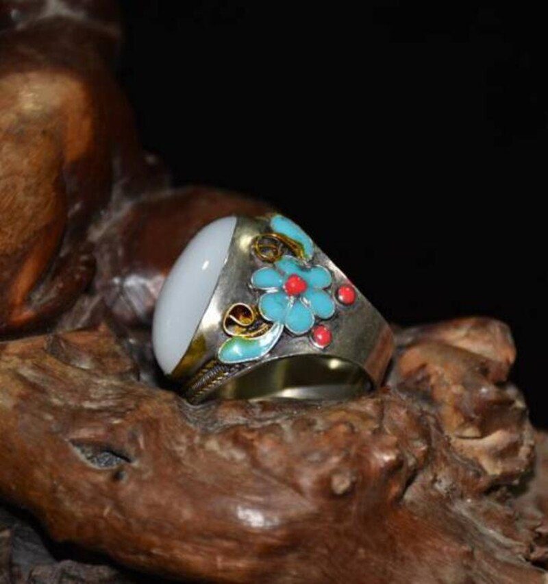 China copper mosaic white jade cloisonne ring