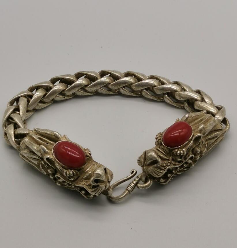 China White copper inlay imitation gem double dragon head Bracelet