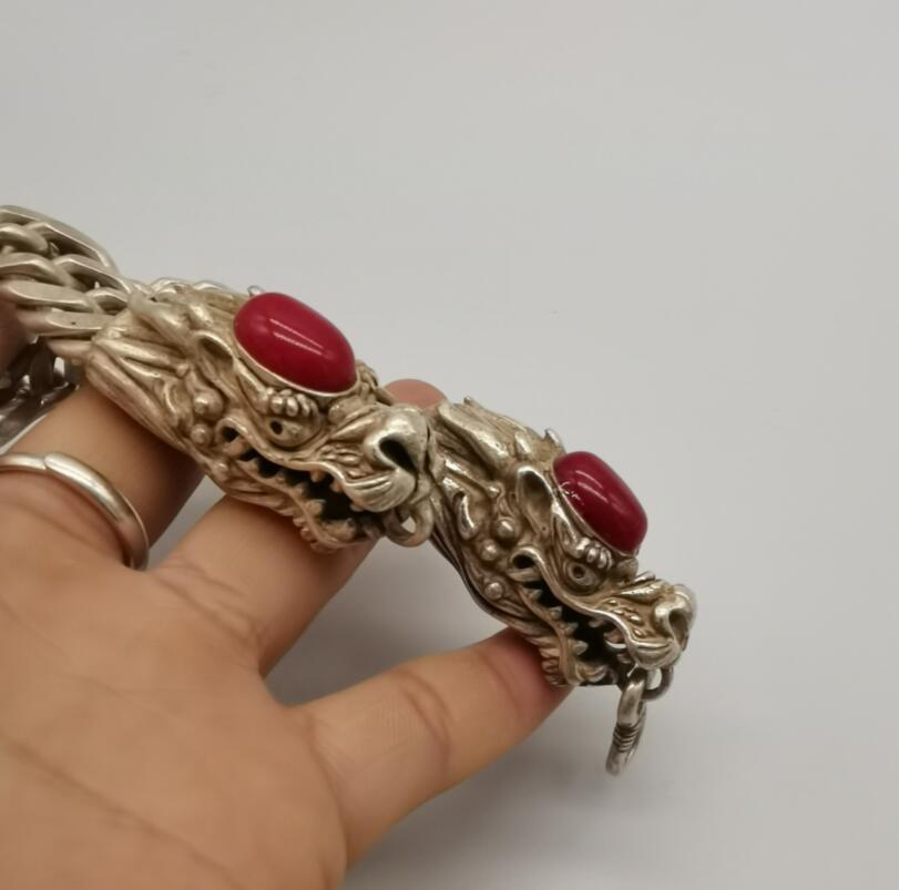 China White copper inlay imitation gem double dragon head Bracelet