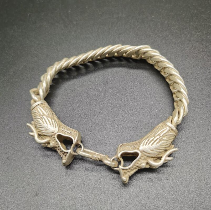 China archaize White copper double dragon head Bracelet