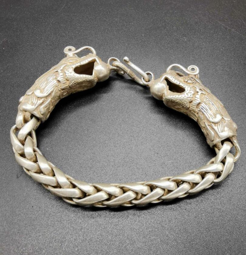 China archaize White copper double dragon head Bracelet