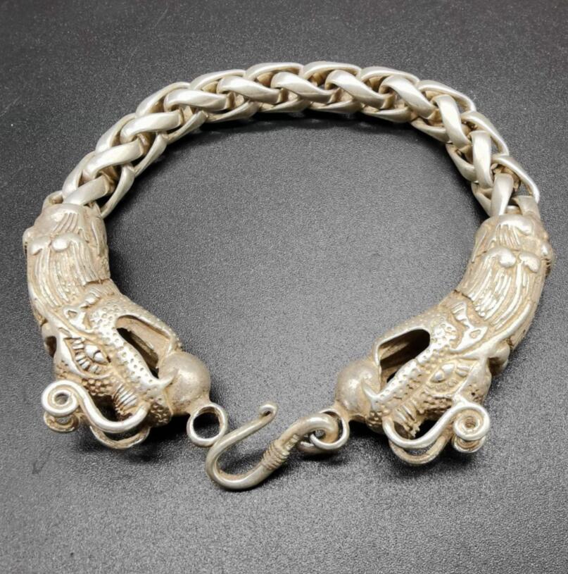 China archaize White copper double dragon head Bracelet