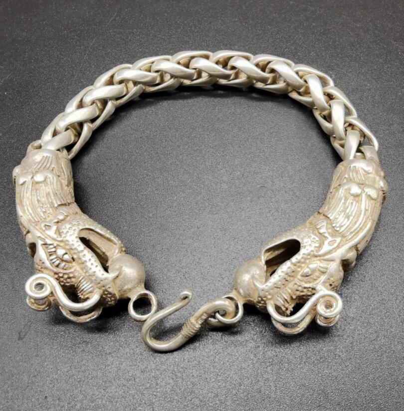 China archaize White copper double dragon head Bracelet