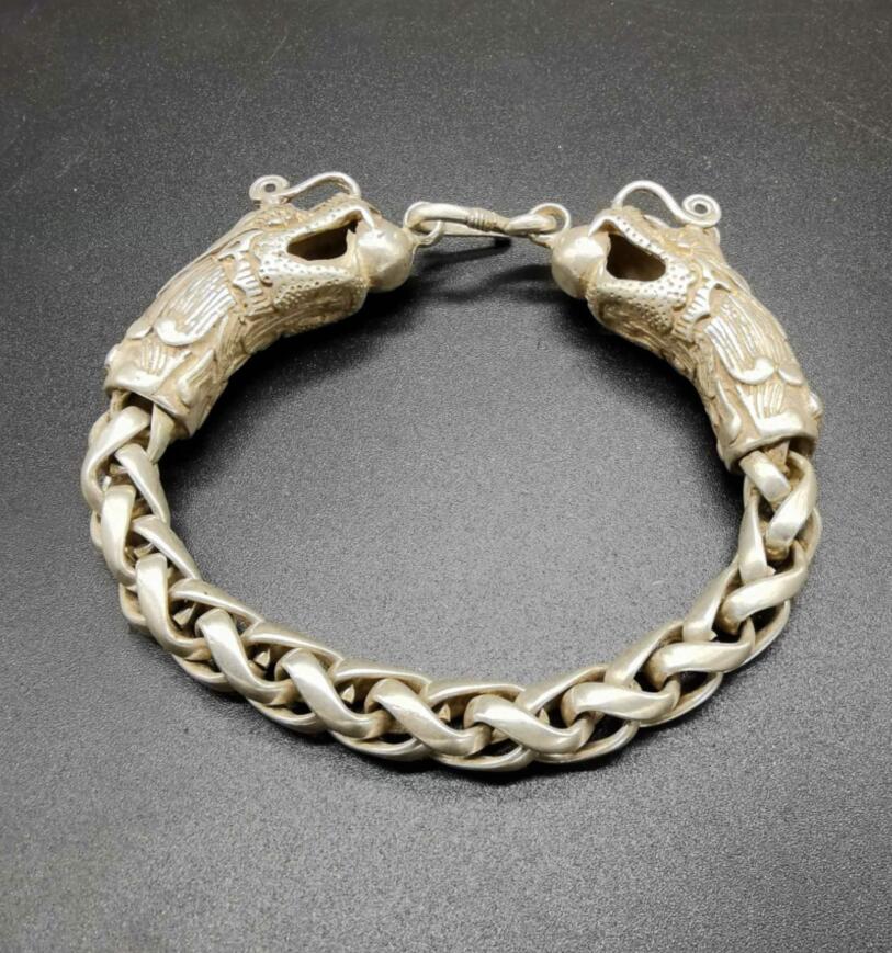 China archaize White copper double dragon head Bracelet