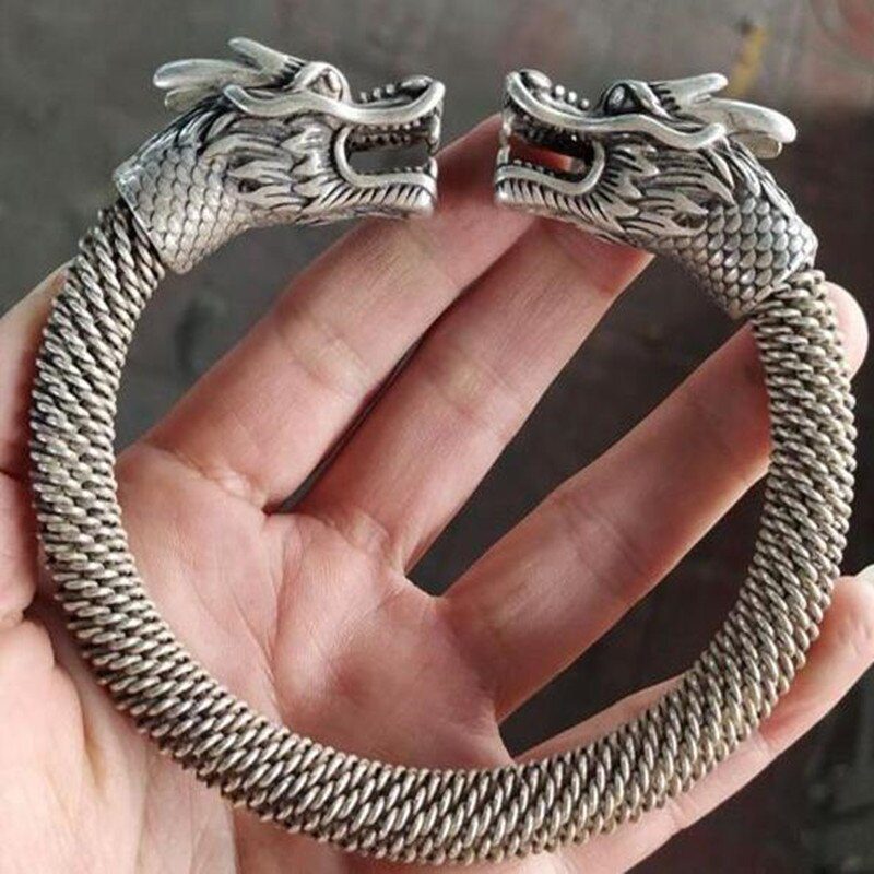 Chinese White copper carved dragon Head bracelet