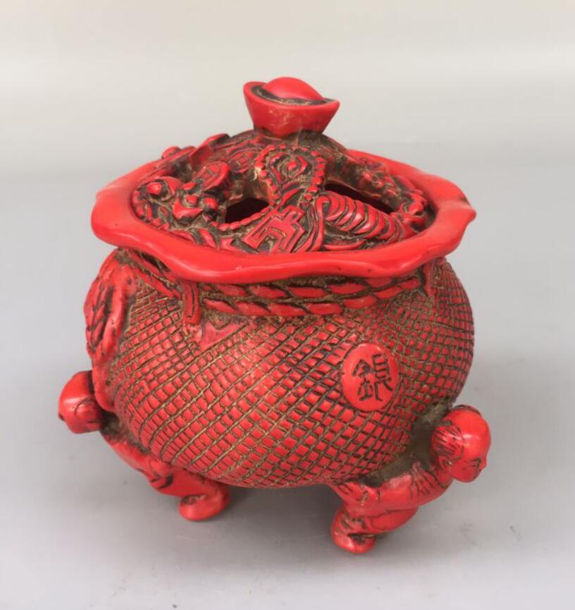 Chinese imitation red coral bag shape Incense burner crafts statue