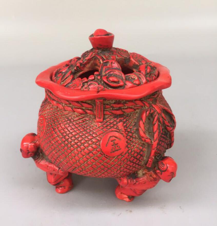 Chinese imitation red coral bag shape Incense burner crafts statue