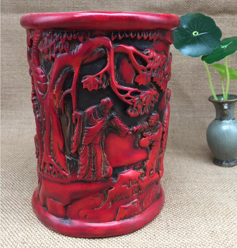 Chinese imitation red coral landscape old man Pen holder crafts statue