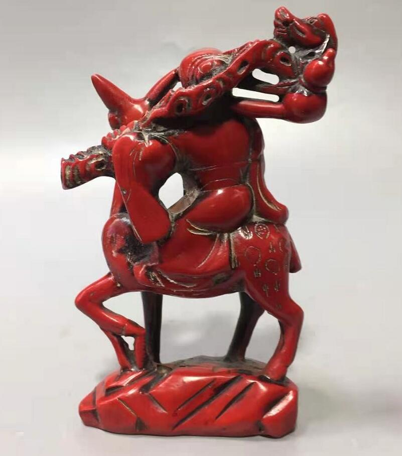 Chinese imitation red coral longevity Buddha Riding deer crafts statue