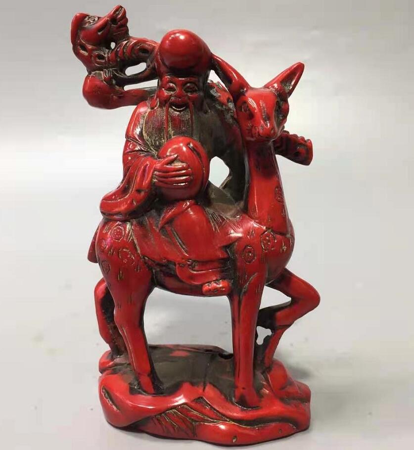 Chinese imitation red coral longevity Buddha Riding deer crafts statue