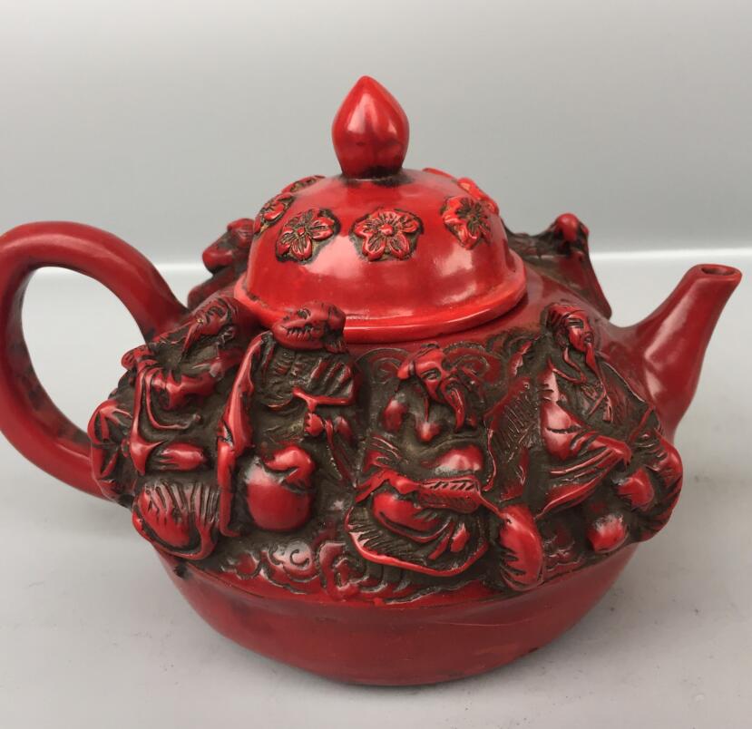 Chinese imitation red coral eight immortals teapot crafts statue