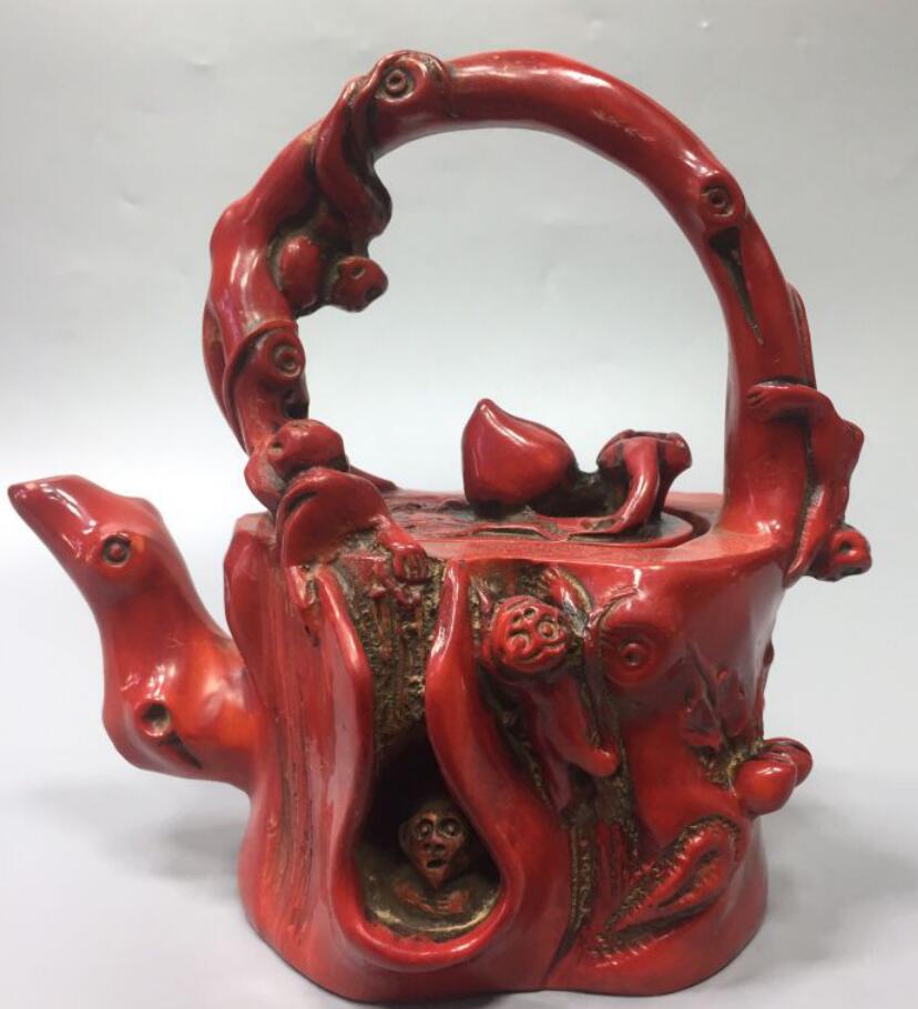 Chinese imitation red coral monkey teapot crafts statue