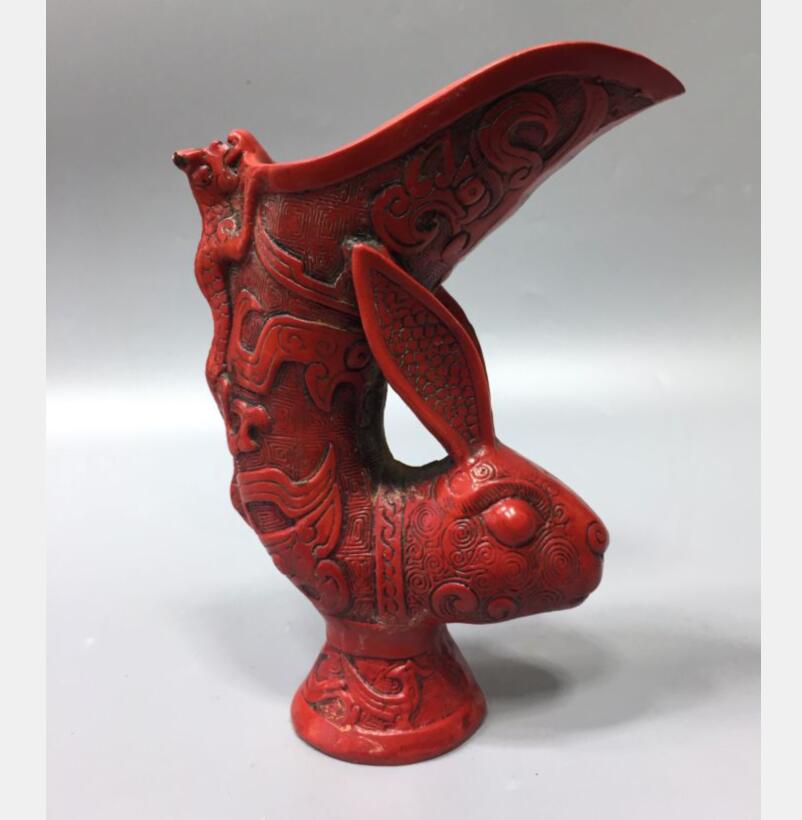 Chinese imitation red coral sheep head wine cup crafts statue