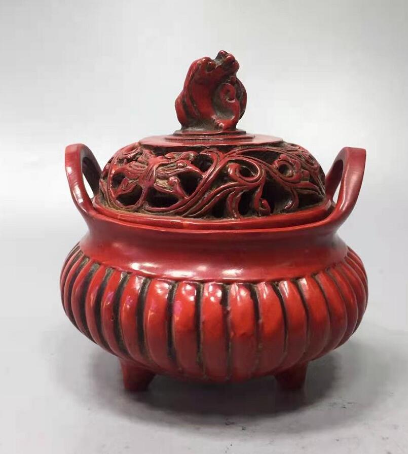 Chinese imitation red coral beast lid Incense burner crafts statue