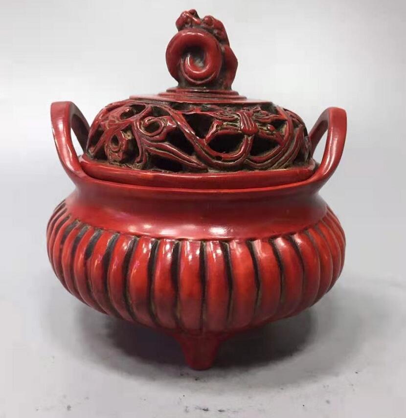 Chinese imitation red coral beast lid Incense burner crafts statue