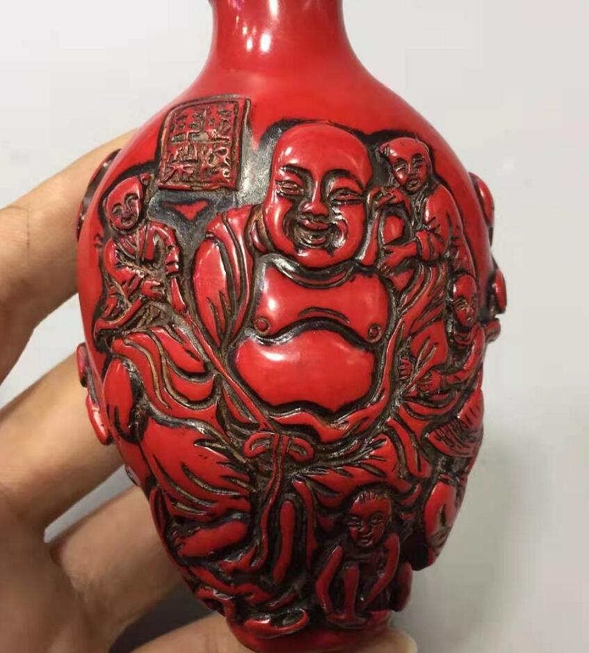 Chinese imitation red coral maitreya Buddha snuff bottle crafts statue