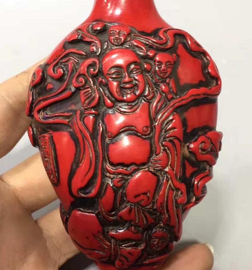 Chinese imitation red coral maitreya Buddha snuff bottle crafts statue